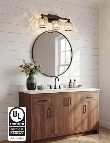 Image of VOLISUN Crystal Vanity Lights for Bathroom, 3 Light Bathroom Vanity Light, Modern Matte Black Bathrooms Light Over Mirror, Black Bathrooms Lights Fixtures-UL Certificated(Exclude Bulb)