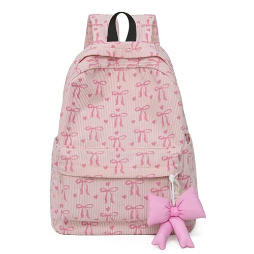 Mochilas escolares, mochila escolar con lazo rosa, bolsa escolar estética, mochila de pana estética con dije de lazo, mochila kawaii para adolescentes, secundaria, primaria, secundaria, regalo de