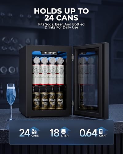 Image of Manastin 18L Beverage Refrigerator Cooler, 24-Can Mini Fridge with Glass Door & LED Light, 40-61F Digital Temperature Control, Freestanding Drink Fridge for Soda, Beer, Bedroom, Office & Home Bar