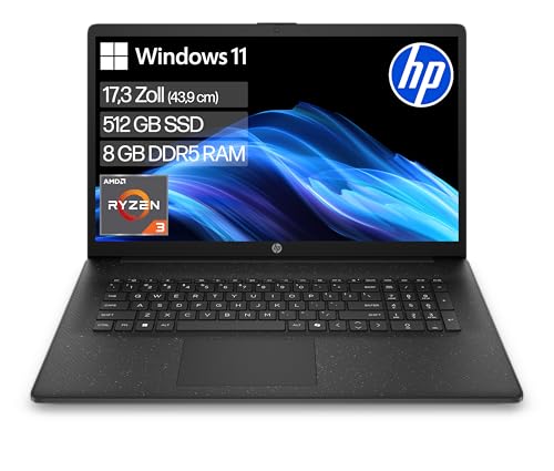 HP Laptop mit 17,3' FHD Display, AMD Ryzen 3 7320U, 8 GB DDR5 RAM, 512 GB SSD, AMD Radeon Grafik, Windows 11, QWERTZ, Schwarz inkl. 25 GB Dropbox-Speicher für 12 Monate