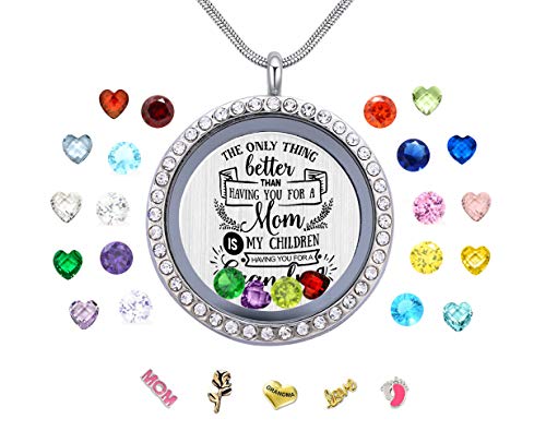Mother's Day Birthday Xmas Gift, Floating Memory Living Charms Lockets, Women Stainless Steel Diy Pendant Necklace with Birthstones