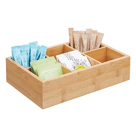 mDesign Bamboo Wood Compact Tea & Food Storage Organizer Bin Box - 6 Divided Sections - Holder for Tea Bags, Coffee, Packets, Sugar/Sweeteners and Small Packets - Natural