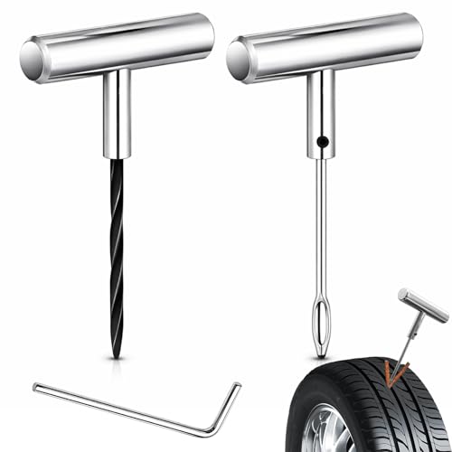ZJSYTQS Auto Stainless Steel Solid T-Handle Set - Pro Heavy Duty Spiral Probe & Split Eye Needle Tire Repair Set for Tire Plug Kits & Patch/Fix Tire Plugs