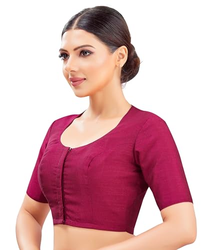 Image of Studio Shringaar Womens Basic Polyester Short Sleeves Textured Plain Coloured Art Silk Saree Blouse