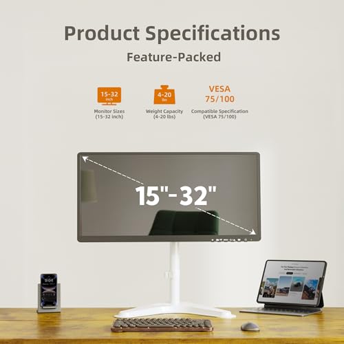 Image of Claiks Monitor Mount, Ergonomic Adjustable Monitor Stand for Max 32 inch Screens, Adjustable Stand up to 20 lbs, VESA Mounting Holes 75&100mm, White