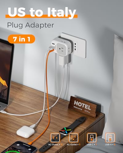 Image of TESSAN Italy Travel Plug Adapter PD 20W, Type L Adapter for Travel with 4 Outlets 3 USB Ports (1 USB-C), Power Adaptor for US to Italy Chile Rome Uruguay Milan Libya