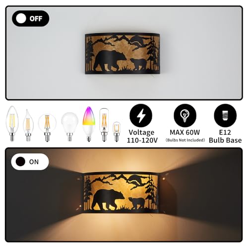 Image of Farmhouse Bear Wall Sconces, E12 Base Rustic Industrial Wall Lights for Bedroom, Living Room, Hallway, Stairway, and Porch Lighting
