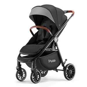 Baby Stroller, Infant Stroller with Large UPF 50+ Canopy,Luxury Pram Strollers with Leather Handle & Spacious Seat, One-Hand Foldable Pushchair, Toddler Carriage with Lie-Flat Mode(Black)