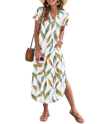 Image of MISFAY Women's Summer Maxi Dress 2026 Casual Short Sleeves V Neck Loose Sundress Split Long Beach T Shirt Dress