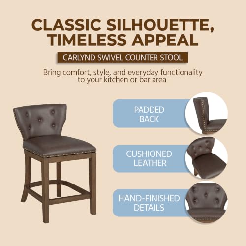 Image of ROME + OAK Carlynd 26 inch Counter Stool, Low Back Swivel, Walnut Finish | Saddle Brown Vegan Leather Upholstered Seat for Kitchen Islands, Counters, Dining Rooms & Indoor Home Seating