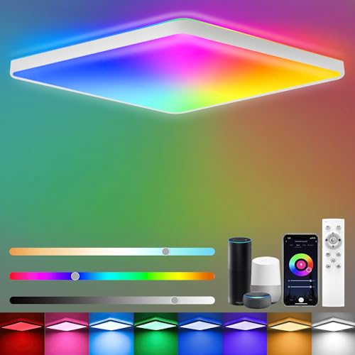 Heyseven Lampada da soffitto a LED dimmerabile con telecomando, 24 W RGB lampada da soffitto LED, Smart APP da soffitto con 16 milioni di pannelli che cambiano colore, 2400 lm con lampade Alexa per