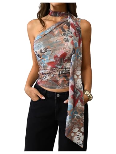 Image of RoseSeek Women's Y2K Leopard Polka Dots Halter Asymmetrical Neck Crop Tops