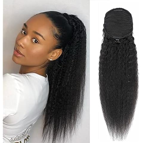 aikaa Kinky Straight Ponytail Drawstring Human Hair Extension Brazilian Natural Black Yaki Straight Ponytail Hairpiece for Black Women (12 Inch) Cover