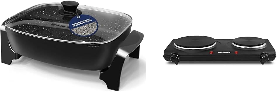 Elite Gourmet EG-6203# Extra Deep 16"x13"x3.2" (10.5Qt.) Scratch Resistant & EDB-302BF# Countertop Double Cast Iron Burner
