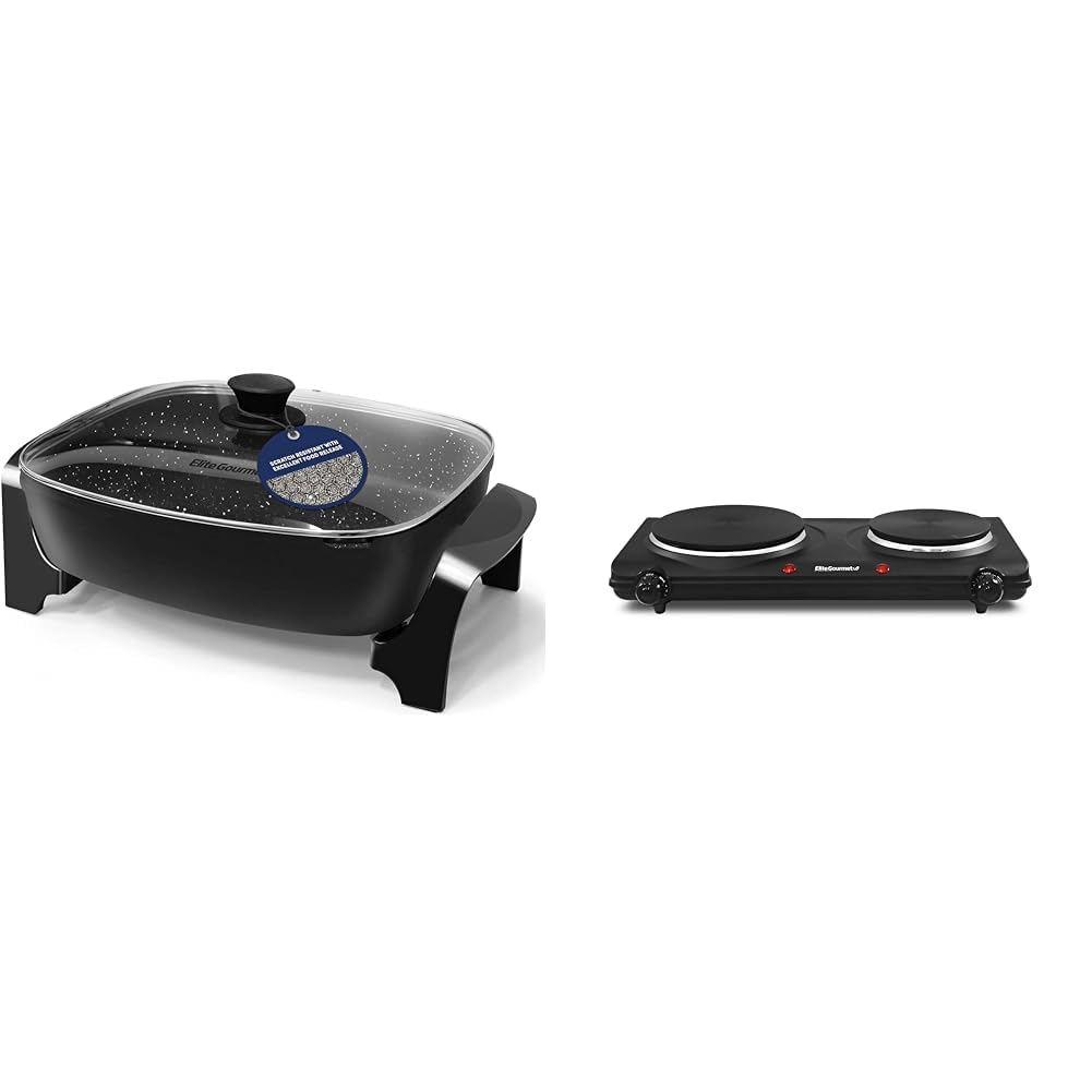 Elite Gourmet EG-6203# Extra Deep 16"x13"x3.2" (10.5Qt.) Scratch Resistant & EDB-302BF# Countertop Double Cast Iron Burner