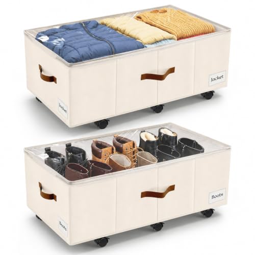 Image of Under Bed Storage with Wheels,Underbed Storage with Sturdy Sidewalls /Bottom, Clear Cover, Label and PU Handle, Rolling Under Bed Drawers for Clothes, Shoes, 11 Inch Height,Beige, 2 Pack