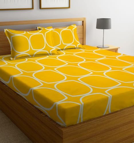Image of la' Amour Premium Cotton Elastic Fitted Bedsheets with 2 King Size Pillow Covers Double Bed with All Around Elastic Supersoft Size - 72 King Sizex78+10 inches Oval Shape Yellow 200 tc - 220 tc
