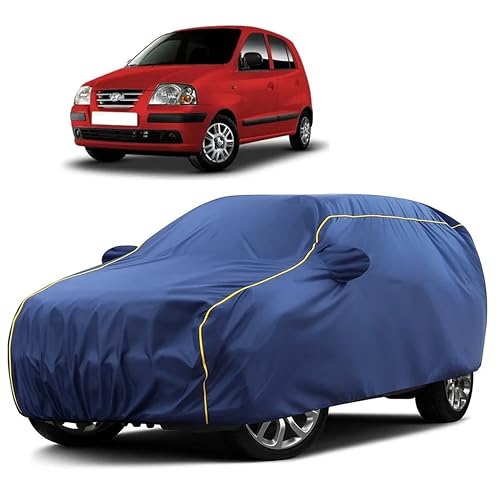 Image of Sulfar 100% Water Resistant Car Body Cover Compatible with Mirror for Hyundai Santro Xing (Triple Stitched, Full Bottom Elastic, Blue Taffeta with Yellow Piping)