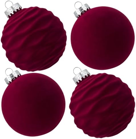 Velvet Christmas Balls Large Hanging Shatterproof Flocked Christmas Tree Ornaments for Xmas Tree Hanging, Holiday Wedding Party Decorations, Gifts and Home Decorations (Burgundy, 4