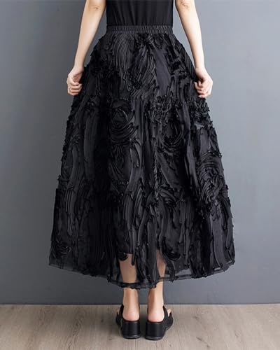 ellazhu Women's Skirt Pleated Loose Tulle A-line Summer GZ206 A4