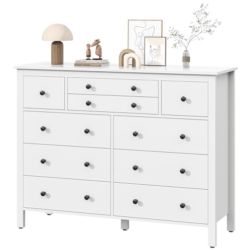 yacchi home 120CM Kommode mit 10 Schubladen Kleiderschrank für das Schlafzimmer, Langer Schubladenschrank mit Tiefen Schubladen, Moderner Holzerner Speicherkleiderschrank (weiß)