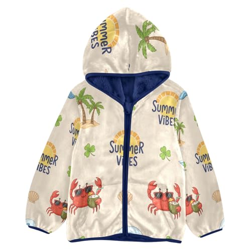 Summer Vibes Beach Pattern Toddler Fleece Jacket Girl Boys Hooded Fleece Jacket Coat Warm Outwear Zip-up 3-10T
