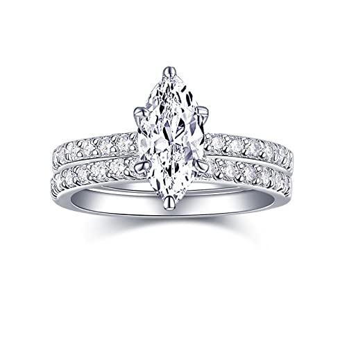 Image of 2 CT Marquise Cut Engagement Travel Rings Set for Women 18K White Gold Plated Fake Wedding Ring Band Promise Rings for Her, Cubic Zicornia Ring 2 PCS, Size 4-11
