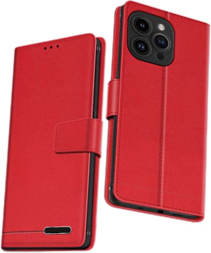 Étui portefeuille iPhone 14 Pro en cuir véritable rouge magnétique