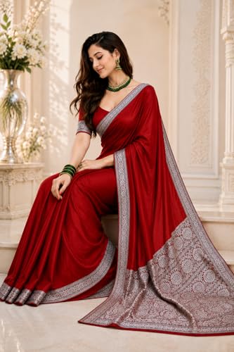 Image of Women's Glory Banarasi Satin Kanjivaram Saree Silver Zari Border Pure Soft Blend Silk Sari Kanchipuram Paithani Silk Party Wedding Festive New Ladies Sadi with Unstiched Blouse Piece. (Pink)