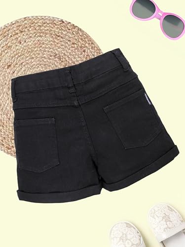 Image of KiddoPanti Girls Tight Length Rollup Denim Shorts with Lavender and Pink 3D Crochet Flowers
