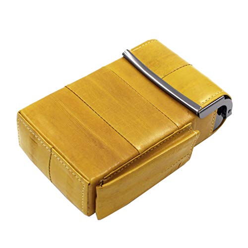 Automatic Rising Genuine Eel Skin Leather Sliding Cigarette Case with Lighter Holder (Yellow)