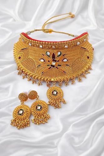 Image of Rajpooti Rajwadi Gold Plated Choker Necklace Set for Women with Matching Earrings | Traditional Bridal Wedding Jewelry | Ethnic Rajasthani Statement Necklace | Adjustable Dori Closure