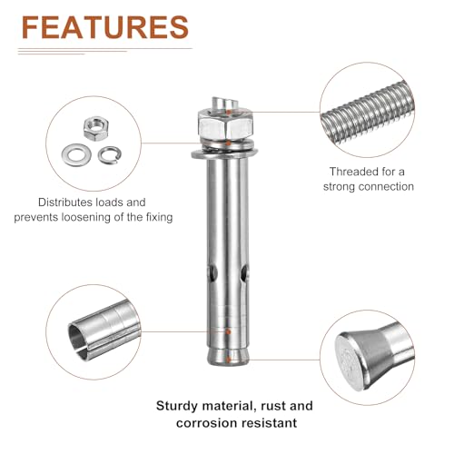 Image of DTGN M10 x 80 Hex Expansion Bolts - 15Pack - Good for Concrete Dry Brick Block Walls - 304 Stainless Steel - Silver
