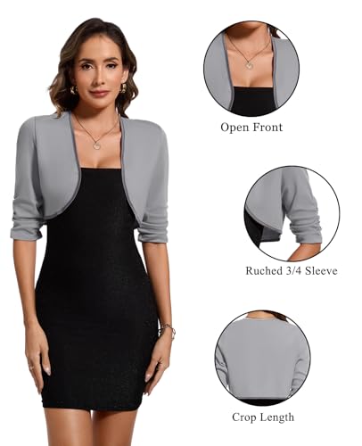 Image of MINTLIMIT Bolero Cardigans for Women Ruched 3 /4 Sleeve Open Front Cropped Cardigan Boleros Shrug Jackets for Evening Dresses