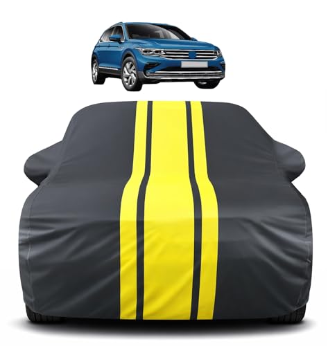 Image of Auto Hub Car Cover Compatible with Volkswagen Tiguan with Mirror Pocket, Soft Cotton Lining, Tiguan Car Cover Waterproof - Yellow-Black