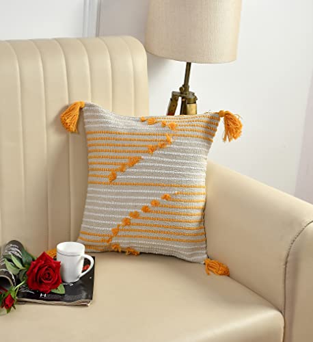 Image of TIB Premium Boho Decorative Throw Cushion Covers, 16 x 16 cm, Set of 2, Cotton. (Orange Lines)-230 TC
