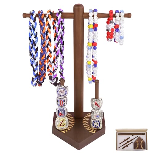Baseball Ring Display Holder for Championship Rings & Necklaces Wooden Sports Jewelry Organizer with Bat Stand for Baseball Softball Players Athlete Gift Display Case for Rings Bracelets Medals