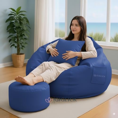 Image of KAM'S LIEU Filled Bean Bag with Footstool N Cushion | Luxury Leatherette Bean Bag Chair for Adults, Kids | Comfortable, Durable, Stylish for Living Room, Bedroom, Gaming, Home Decor (Royal Blue, 4XL)