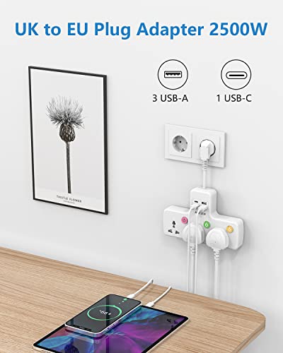 Travel Plug Extension, UK To EU Multi Plug with USB, 3 Way Individual Switched Sockets with USB C Extension Cord (10A/2500W) - Image 2