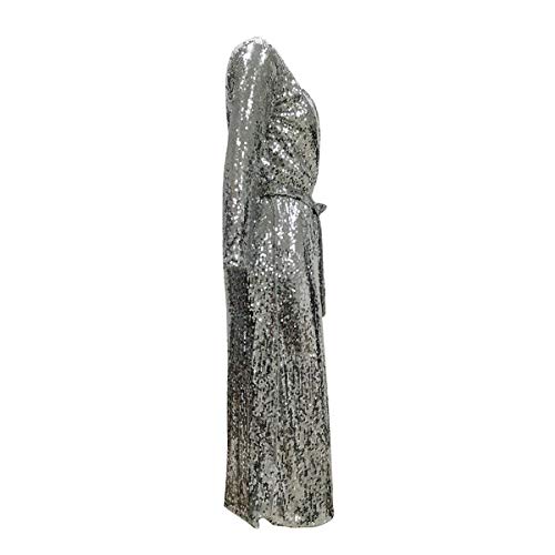 Womens Spring Fall Sequins Open Front Cover Ups Overcoat Long Sleeve Slim Belted Cardigan Coat Windbreaker Jacket Party Club Dress Silver S #TOP5