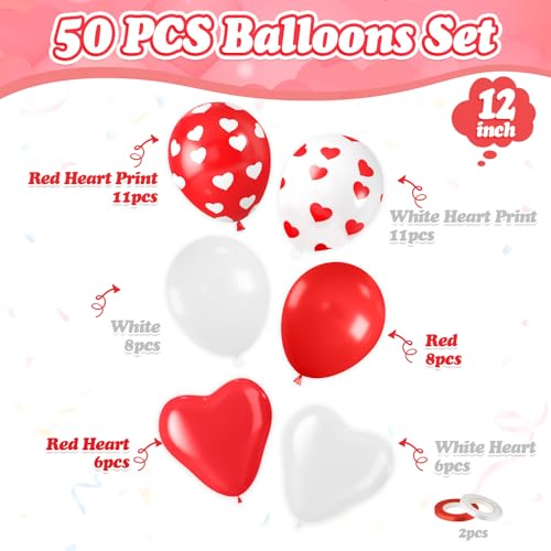 Image of Valentine Balloons, 50 Pcs Red White for Valentine's Day Wedding Party | 12 Inch Red White Heart Print Latex Balloons for Galentines Day Anniversary Proposal Engagement Birthday Party Decorations