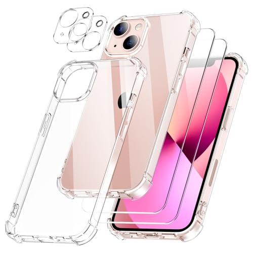 SOGUDE 5 en 1 Coque pour iPhone 13 avec 2 Verre Trempé et 2 Caméra Protecteur, Étui de Protection Antichoc avec Coussin d'air Intégré Mince Bumper Housse - Transparente