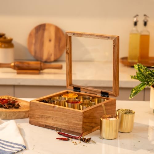 Image of Sugandha Acacia Wood & Brass Masala Box with 9 Brass Containers | 150ml Brass Spice Bowls | Handcrafted Wooden Masala Box Organizer | Kitchen Spice Storage Box | 8.75 x 8 x 4 Inches
