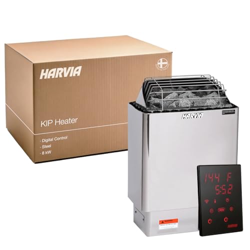 Image of Harvia KIP Wall Mount Electric Sauna, 220V-240V, 8kW, Digital Controls | Stainless Steel Construction, Digital Controls, Includes Sauna Stones, Large Stone Cavity, Electric Sauna Heater