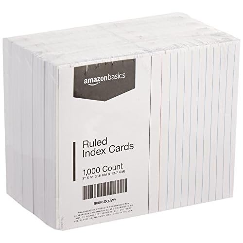 Amazon Basics Ruled Lined Index Cards for Study, Notes and Recipes, White, 3″ x 5″, 1,000 Count (10 Pack of 100)