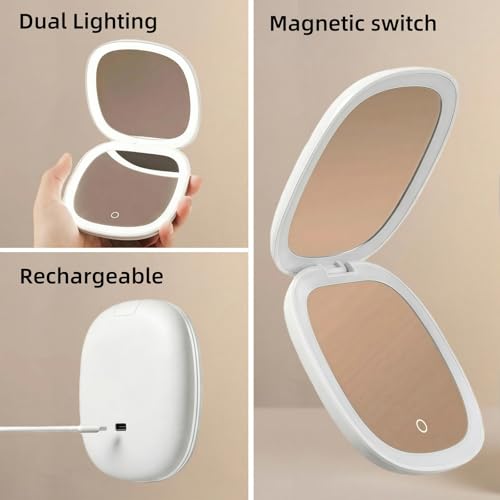 Image of Compact LED Travel Magnifying Makeup Mirror - 1X /10X Rechargeable 4-inch Magnifying Mirror with Light, 3-Level Dimmable, Compact Portable Mirror for Purses & Travel