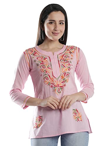 Image of Seva Chikan Hand Embroidered Lucknowi Chikankari Cotton Short Kurti Tunic Top for Women SCL4076
