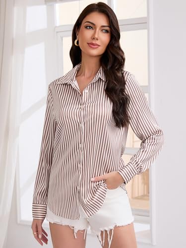 Image of Premium Soft Breathable Stretch Satin Silk Button Down Shirts for Women Long Sleeve Leopard Blouses Work Dress Tops