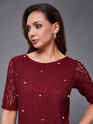 Image of Miss Chase Women's Round Neck Half Sleeves Cotton Lace and Pearl Detailing