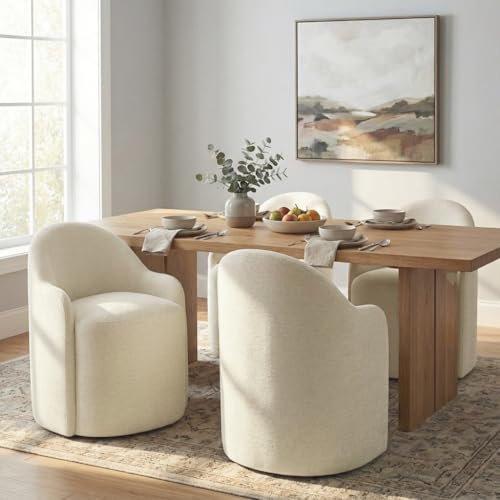 Image of KISLOT Upholstered Dining Chairs with Casters, No Assembly Modern Dining Room Chairs Accent Vanity Chair with 5 Wheels & Round Backrest for Bedroom, Living Room, Dressing, Sand Fabric, Set of 4